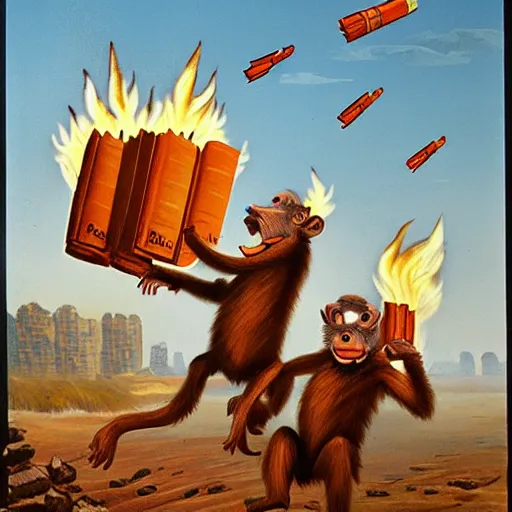 Image similar to [two anthropomorphic monkeys throwing books in a bonfire, behind them rockets are taking off. Matte painting, intricate, art by Gennady Mikhailovich Zykov]