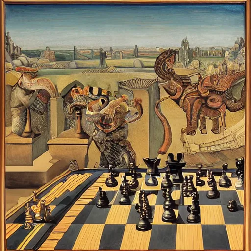 Image similar to portrait of a chessboard, with dragons and elephants as chess pieces, highly detailed, in the style of Giorgio de Chirico