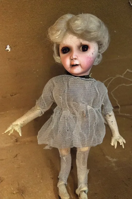 Image similar to dirty cracked screaming vintage doll maggots in eyes in darkly lit dusty basement cobwebs old photo