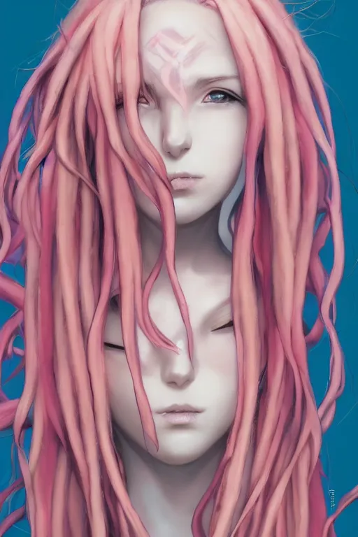 Prompt: portrait of an anime manga girl with pink snake dreads, straight on portrait, by artgerm, james jean, tom bagshaw, gerald brom, vaporwave colors, lofi colors, vaporwave, lofi, goth vibe, 4 k, smooth, hd, substance designer render, full body character concept art, symmetrical,