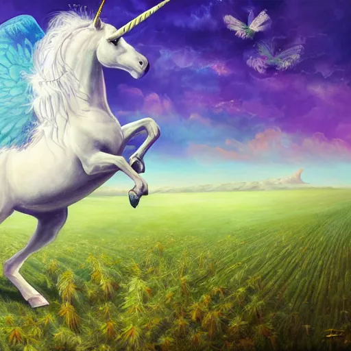 Image similar to an unicorn with wings eating in a field of marijuana, oil painting, fantasy art, concept art, highly detailed, high quality, 8 k, masterpiece