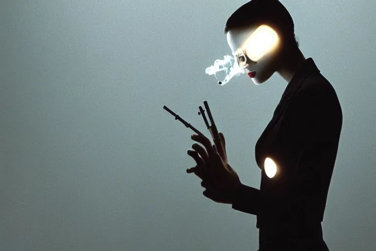 Image similar to an artificial intelligence smoking a cigarette behind a computer screen, beautiful lighting, high depth, ultra realistic, artistic, by annie leibovitz and the matrix