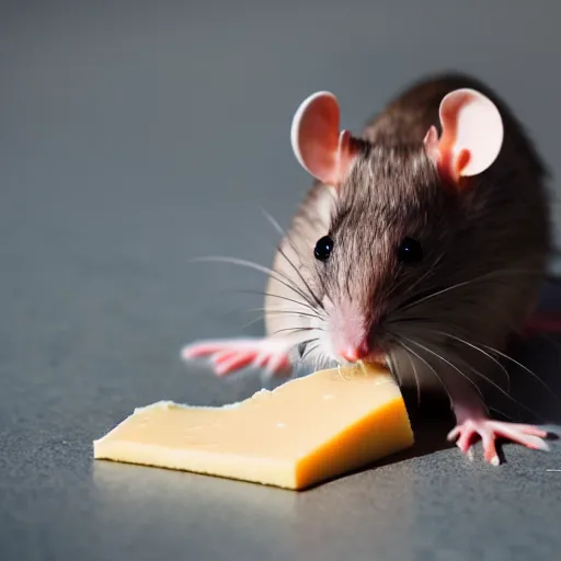 Prompt: a rat wearing a beret eating cheese. sigma 5 0 mm f / 1. 4