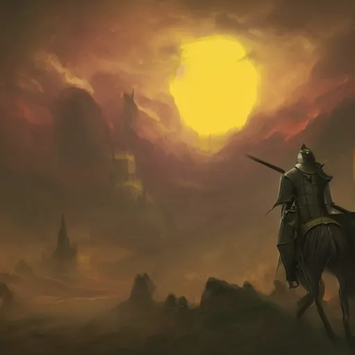 Image similar to A knight travelling through a desolate village as a sickly yellow light bleeds through the clouds,