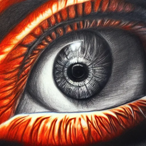 Prompt: hyper realistic pencil drawing of the human eye, unlimited detail, colored, space, dragon, intricate, detail, phoenix, orange