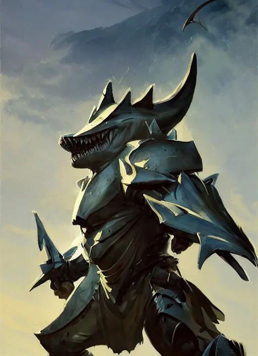 Image similar to Greg Manchess painting of a Shark Charr from Guild Wars 2 wearing Forerunner Armor from Halo, countryside, calm, fantasy character portrait, dynamic pose, above view, sunny day, artwork by Jeremy Lipkin and Giuseppe Dangelico Pino and Michael Garmash and Rob Rey, very coherent asymmetrical artwork, sharp edges, perfect face, simple form, 100mm