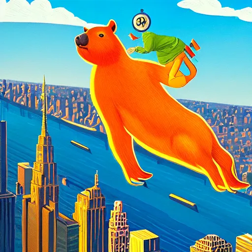 Image similar to a detailed painting of an adorable capybara superhero flying above new york by casey weldon, new contemporary art, colorful