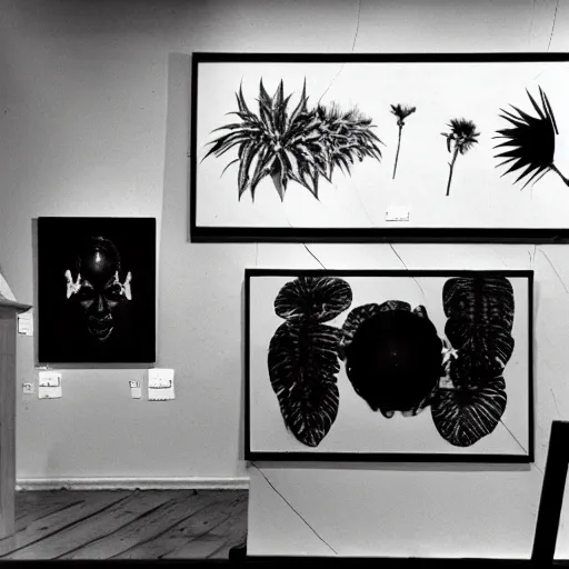 Image similar to A black and white photo in sérigraphie of an exhibition space with works of Sun Ra, Marcel Duchamp and tropical plants - W 1280