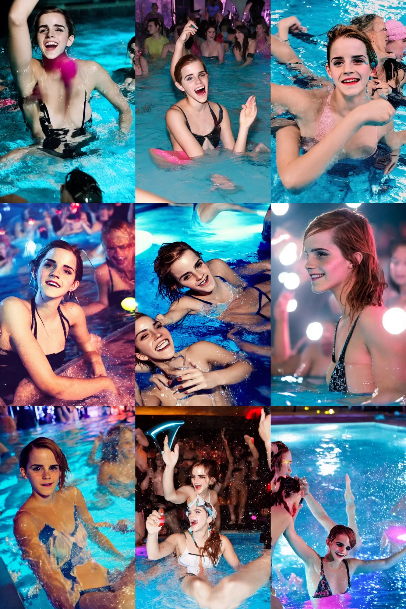 Prompt: a photo of a drunk emma watson having fun in a pool party filled with people in a modern indoors pool with cyberpunk illumination at night.