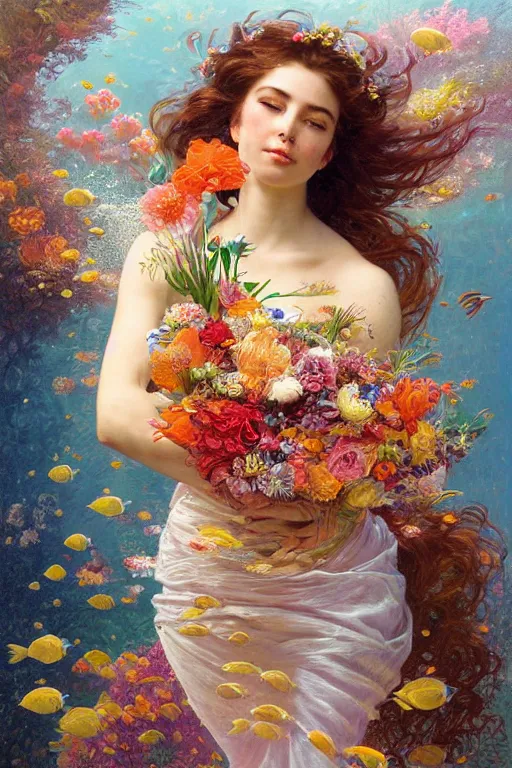 Prompt: portrait of a beautiful mysterious woman holding a bouquet of flowing flowers, hair flowing upwards, small bubbles from her mouth, hands hidden under the bouquet, submerged underwater filled with colorful small fish and coral reef, fantasy, regal, intricate, by stanley artgerm lau, greg rutkowski, thomas kindkade, alphonse mucha, loish, norman rockwell
