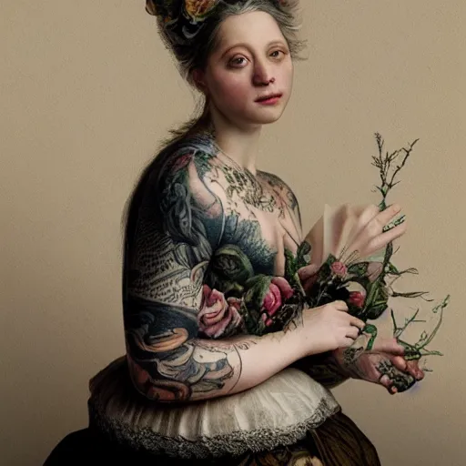 Image similar to ultra detailed, 4 k portrait of a tattooed woman in baroque dress, fully dressed by rachel ruysch