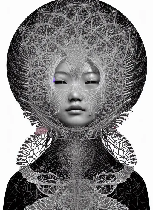 Image similar to ridiculously beautiful young asian woman tripping, caduceus fractals radiating from head with sacred geometry, cosmic, natural, awakening, symmetrical, in the style of ernst haeckel, effervescent, warm, photo realistic, epic and cinematic