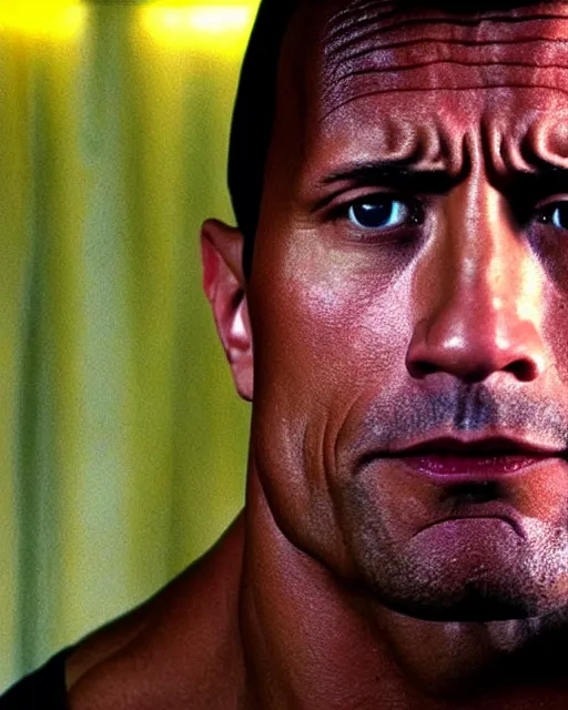 Image similar to Film still close-up shot of Dwayne Johnson as Rocky Balboa from the movie Rocky. Photographic, photography