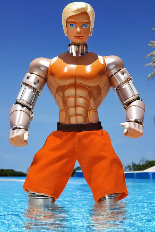 Prompt: a handsome robot bodybuilder with blonde hair who is also a male android, ken doll, muscular, wearing a cut-off white crop top and short light orange shorts stands by a swimming pool, shiny skin, robotic