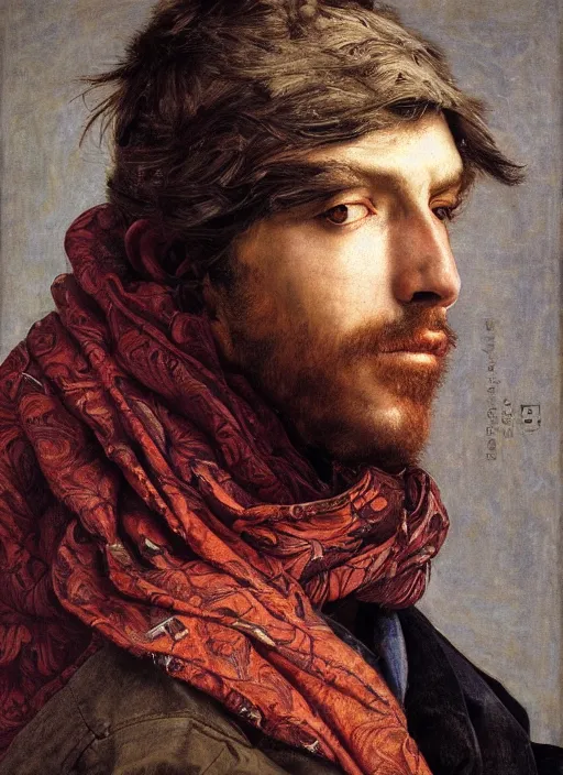 Prompt: close - up portrait of a handsome man wearing a scarf and a balaclava with intricate psychodelic patterns, by edgar maxence and caravaggio and michael whelan and delacroix style, artistic, intricate drawing, light brazen, realistic fantasy, extremely detailed and beautiful aesthetic face, establishing shot, 8 k resolution, dramatic lighting