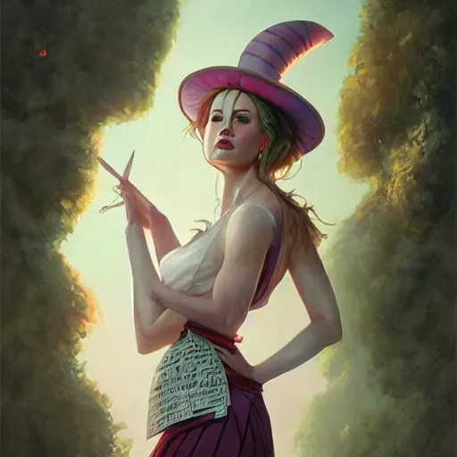 Image similar to realistic, full body portrait, skimpy dress, female mad hatter, by Jordan Grimmer and greg rutkowski, crisp lines and color,