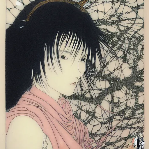 Image similar to prompt: Fragile looking soft light portrait face drawn by Takato Yamamoto and Katsuhiro Otomo, inspired by Ghost in Shell anime, magical and alchemical objects on the side, soft light, intricate detail, intricate ink painting detail, sharp high detail, manga and anime 2000