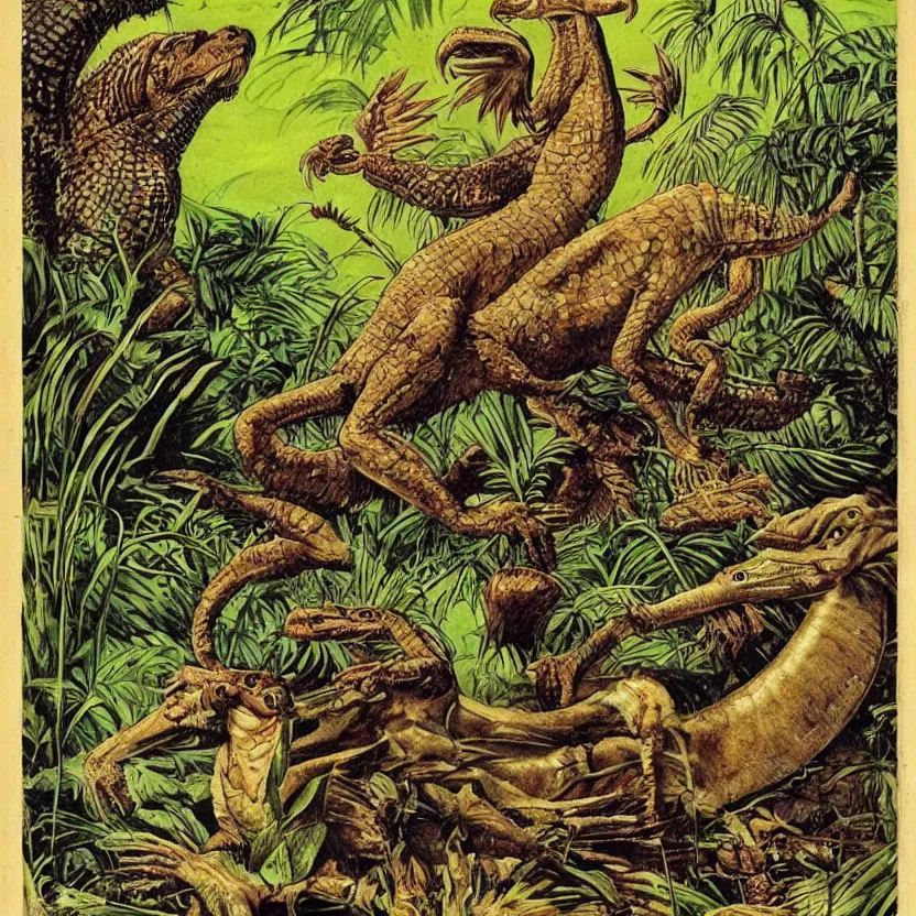 Image similar to crocodile, lion, and stork. wings and feathers. reptile skin, lion muscles. strange anatomy. in a night jungle by water. pulp sci - fi art.
