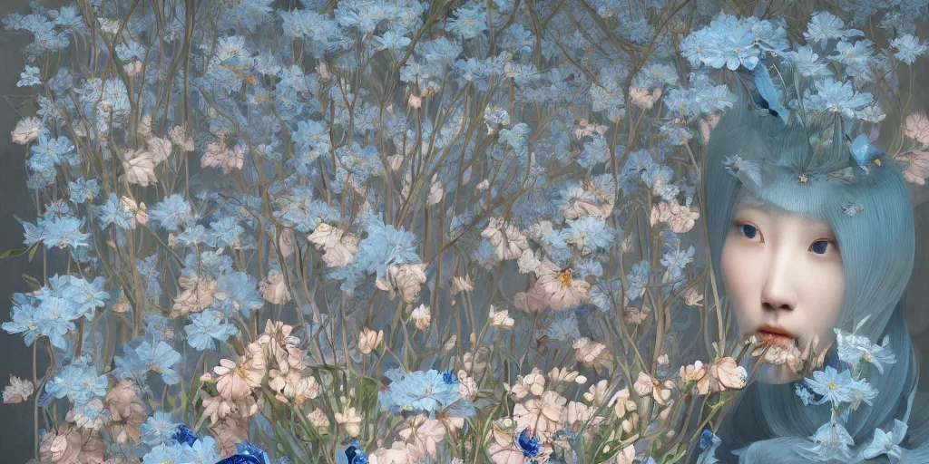 Prompt: breathtaking detailed concept art painting art deco pattern of blonde faces of feminine floral korean men amalmation light - blue flowers with anxious piercing eyes and blend of flowers and birds, by hsiao - ron cheng and john james audubon, bizarre compositions, exquisite detail, extremely moody lighting, 8 k