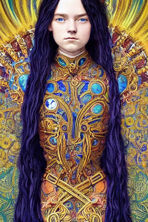 Image similar to a colorful head and torso art nouveau portrait of a 16-year old sun goddess who resembles Saoirse Ronan and Anya Taylor Joy with a worried, intense gaze and slightly opened mouth, ornate intricate iridescent battle armor, intricate, elegant, highly detailed, digital painting, artstation, concept art, smooth, sharp focus, illustration, art by John William Waterhouse and Bouguereau and Donato Giancola and alphonse mucha