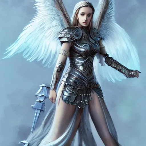 Prompt: portrait of young aasimar angel valkyrie warrior girl maiden wearing comfy leather armor with beautiful feathered angel wings, blue eyes, beautiful face, Natalie Portman, Emily Ratajkowski, innocent, intricate, elegant, highly detailed, ultradetailed, hyperdetailed, artstation, concept art, smooth, sharp focus, illustration, art by artgerm and greg rutkowski and Rossdraws and Bluesssatan and Mandy Jurgens