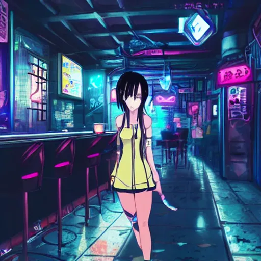 Image similar to anime girl in a cyberpunk city bar at night