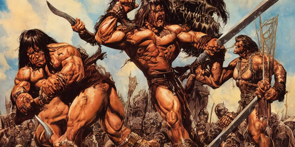 Image similar to conan the barbarian, joe jusko, frank frazetta, robert e howard, book cover, illustration, muted colors