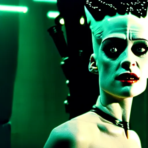 Prompt: cinematic portrait of kristen mcmenamy as bride of frankenstein as a replicant in a busy nightclub, surprised, still from the movie bladerunner, fashion photography, a sign is in the background, 8 k, high detail, face in focus