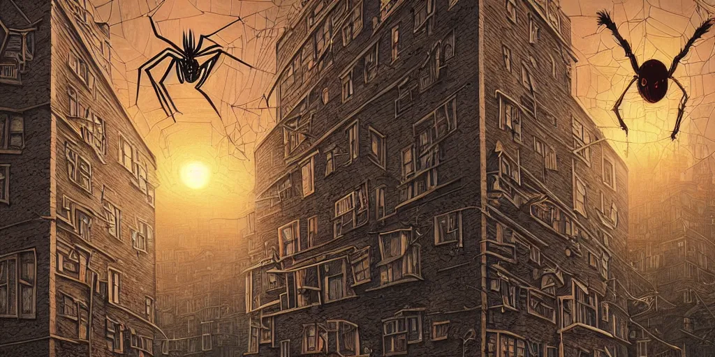 Prompt: Spider stealing past softly through the shadow of the evening sun, background of windows of the blissfully dead, a tangle of spider webs, surrealistic, dark, matte painting by Jeffrey Smith and Dan Mumford and Studio Ghibli, trending on artstationhq, 4k HDR