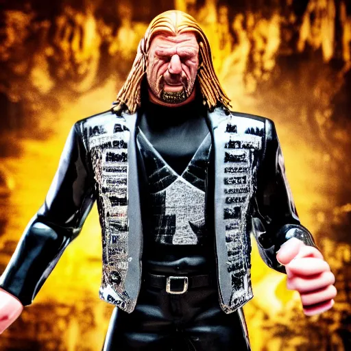 Prompt: Full body shot of a Triple H vinyl figure as a villain, white background, 3d, high quality, depth of field, high contrast, 8k, concept art, smooth, sharp focus, highly detailed, wrestling, WWE