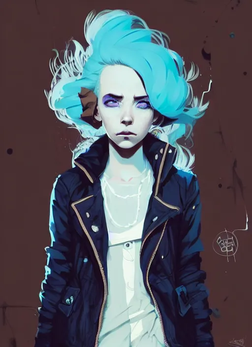 Image similar to highly detailed portrait of a sewer punk lady student, blue eyes, formal jacket, white hair by atey ghailan, by greg rutkowski, by greg tocchini, by james gilleard, by joe fenton, by kaethe butcher, gradient blue, black, brown and cyan color scheme, grunge aesthetic!!! ( ( graffiti tag wall background ) )