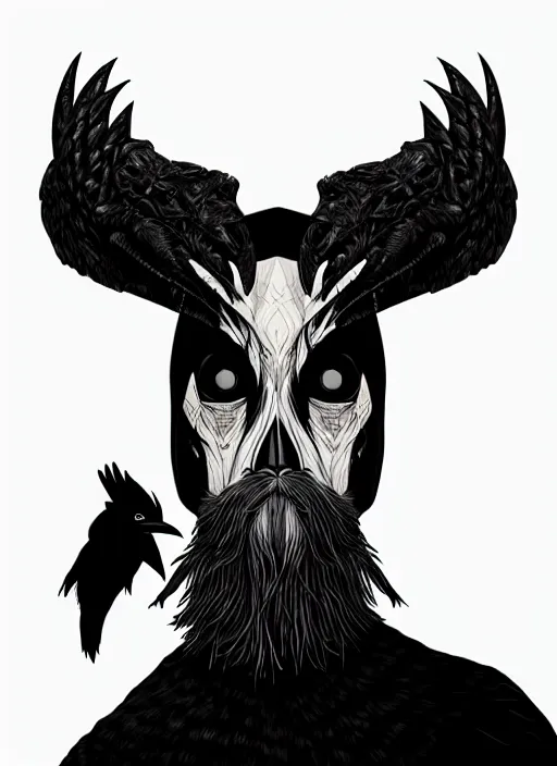 Image similar to warlock with the head of a raven, wind magic, exquisite details, black beard, white background, by studio muti