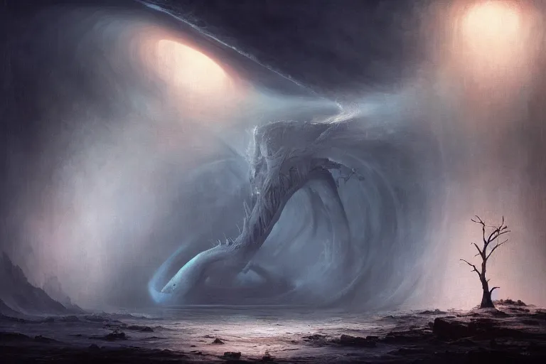 Image similar to primordial waters, maelstrom, gehenna, chaos, the world without form and void, darkness shone on the face of the deep, amazing concept painting by Jessica Rossier and HR giger and Beksinski