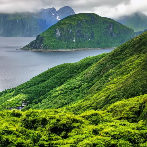 Image similar to high resolution camera capture of a a verdant large island with fjords and mountains