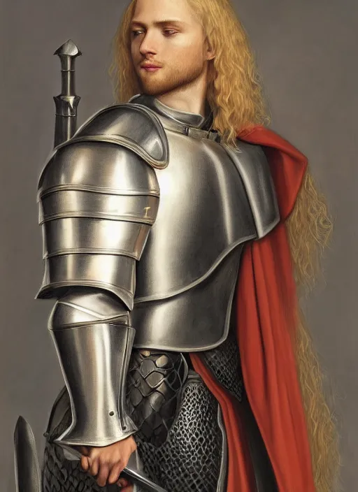 Image similar to oilpainting of a handsome young knight with a beautiful face and clear skin, long blond hair, wearing an engraved plate armor, no helmet, high resolution, clear image, digital art, studio photo, 4 k, clear lines, artstation, rendition by jan van eyck