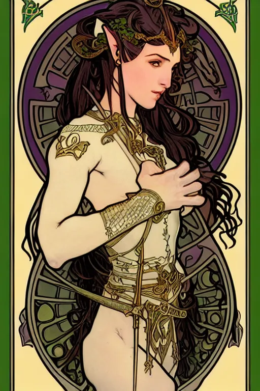 Image similar to head and shoulders portrait of an eldritch knight, elf, beautiful, female, breastplate, magical, high fantasy, d & d, by alphonse mucha, face details, extremely detailed, digital illustration