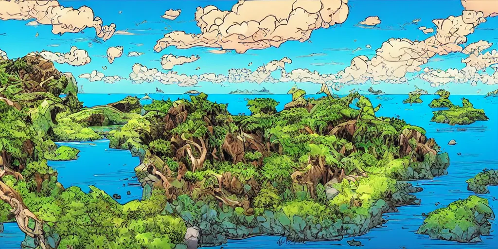 Prompt: stunning landscape of a lost island on a sunny day by brian k. vaughan