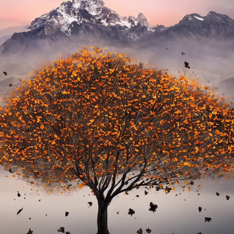 Image similar to a beautiful awesome artistic tree with falling flowers like leaves and many birds, all in the amazing outdoors view, mountain in the background, lake, long exposure, 8 k resolution, trending on artstation