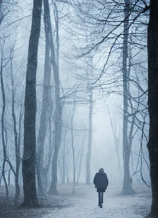 Image similar to a 3 5 mm photo from the back of a senior citizen walking in the misty snowy woods, splash art, movie still, bokeh, canon 5 0 mm, cinematic lighting, dramatic, film, photography, cold blue light, depth of field, award - winning, anamorphic lens flare, 8 k, hyper detailed, 3 5 mm film grain