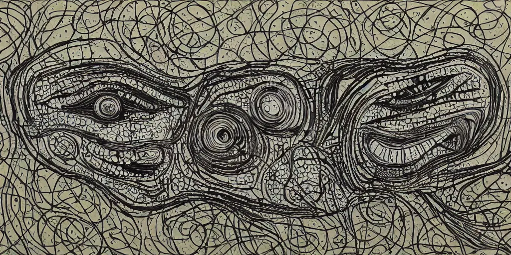 Image similar to camo of lines, technical, acrylic, teeth, eerie, tribal, clay, dots, lines, stipple, points, grid, cybernetic, old painting, swirly eyes, hypnosis