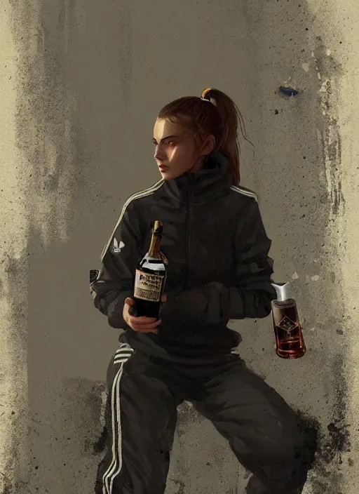 Image similar to russian slav heroine wearing an addidas tracksuit squatting with whiskey in one hand and a cigarette in the other hand. by greg rutkowski and wlop, detailed, cinematic, artstation, 8 k, intricate, rule of thirds.