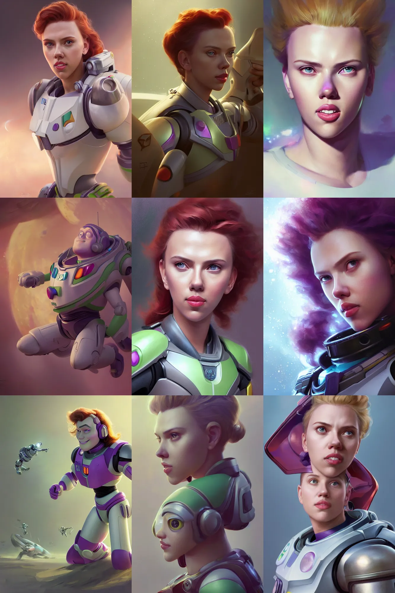 Prompt: scarlett johansson as buzz lightyear, 3 d render, hyper - realistic detailed portrait, ruan jia, wlop. scifi, fantasy, magic the gathering, hyper detailed, octane render, concept art, peter mohrbacher