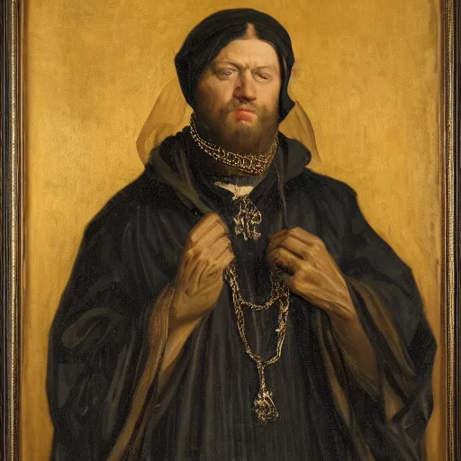 Prompt: a portrait of a man wearing a long pale cloak, face covered by hood, holding gold chains, oil painting, high detail