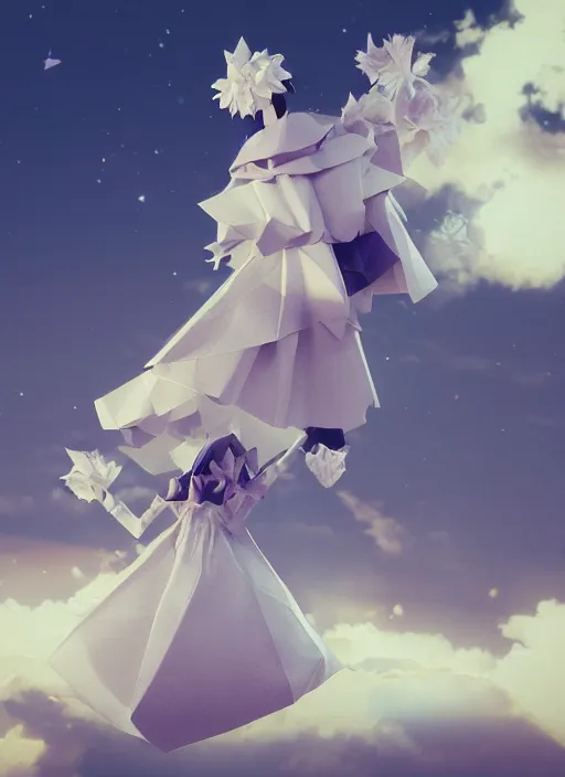 Image similar to background edge of space with puffy clouds are dusk, anthropomorphic paper woman wrapped in a flowing couture tissue paper, paper chrysanthemums, many origami stars, eery light, 3 d, very detailed, octane render, trending artstation, trending cgisociety, artgem