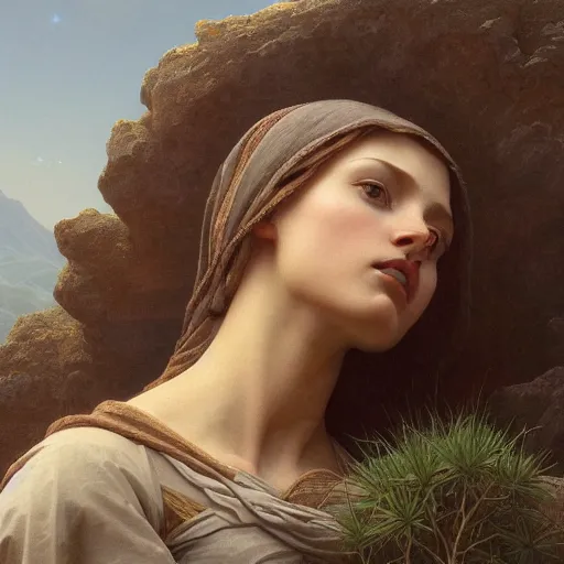 Prompt: christ on the mountain, landscape, intricate, elegant, highly detailed, digital painting, artstation, concept art, smooth, sharp focus, illustration, art by artgerm and greg rutkowski and tomas scholes and william - adolphe bouguereau