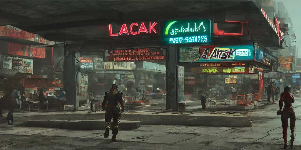 Image similar to Blackjack going to 7-11 and getting a Gatorade | Trending on ArtStation, Fallout | Hyperrealistic CGI Photorealistic Cyberpunk Post Nuclear City