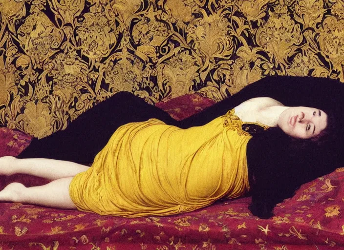 Image similar to portrait of raven reclining on bed wearing yellow ochre ornate medieval dress, foreshortening, framed, preraphaelite colour photography by frederic leighton, william morris, 8 k