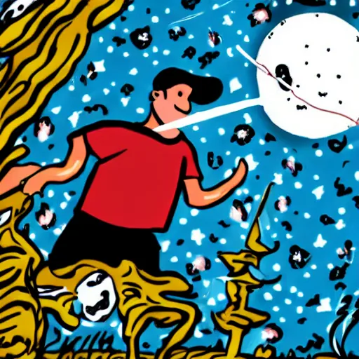 Image similar to Cartoon, Illustration, Ink, Man playing discgolf in space,