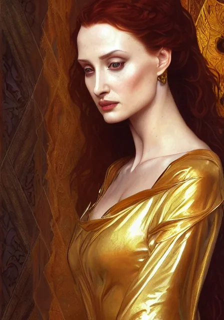 Image similar to sansa angeline jolie gessica chastain mummy cleopatra gold blood, intricate, elegant, highly detailed, digital painting, artstation, concept art, smooth, sharp focus, illustration, art by artgerm and greg rutkowski and alphonse mucha and william - adolphe bouguereau