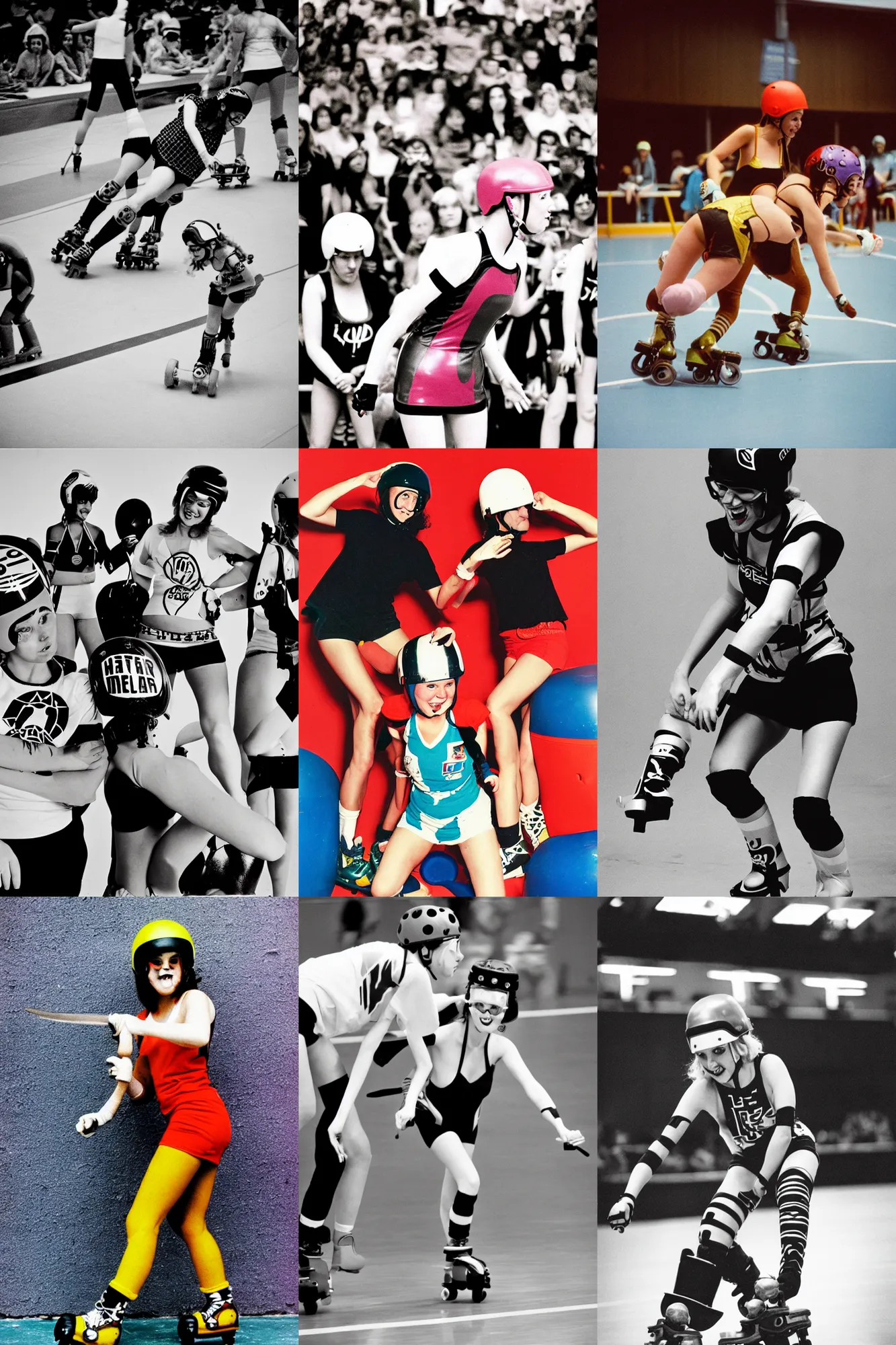 Prompt: roller derby girl battle, wearing skate helmet, logo design, high contrast portra 400, 1970s